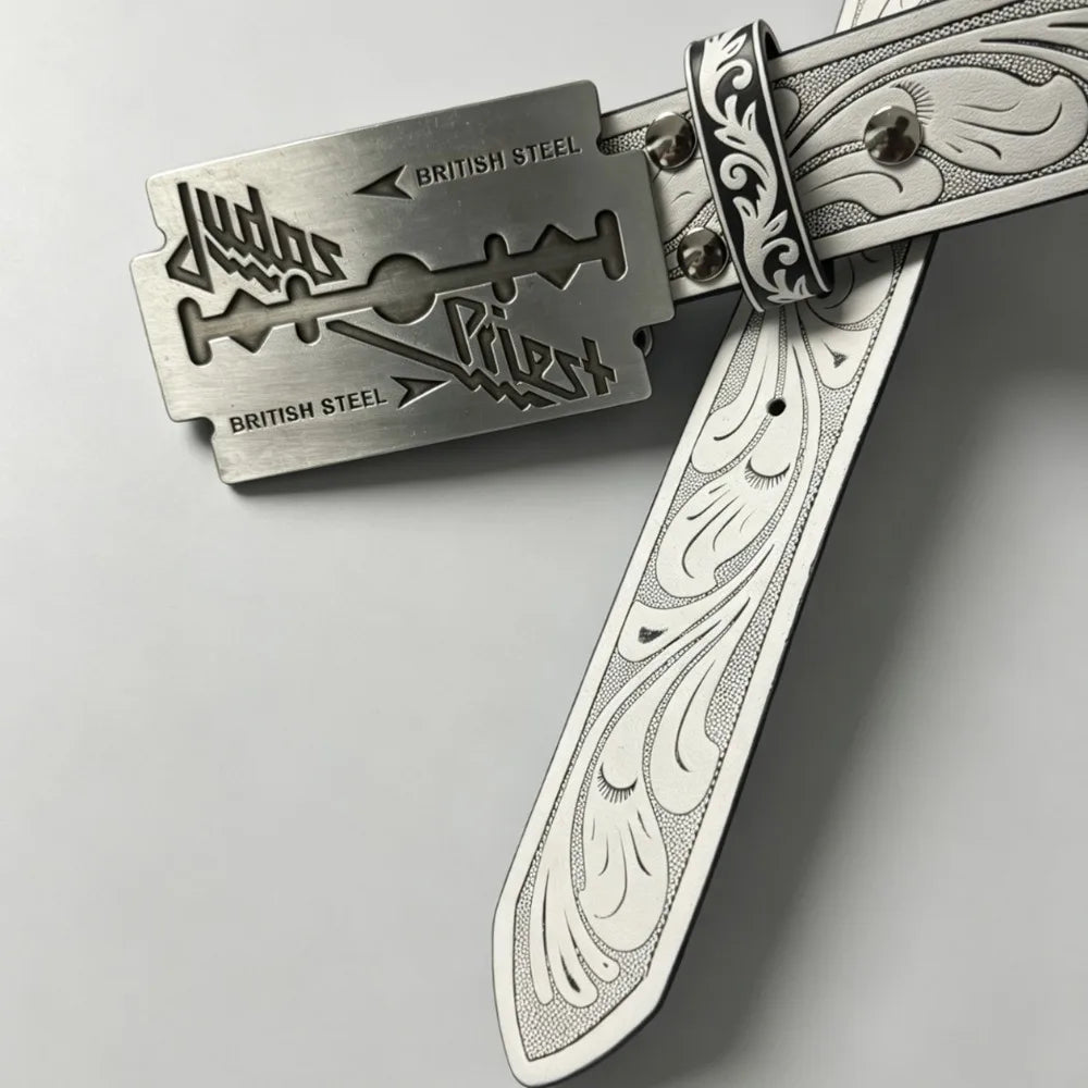 Vintage Western White Belt with Engraved Floral Pattern and Razor Blade Shaped Buckle Punk Rock Streetwear Jeans Waistband