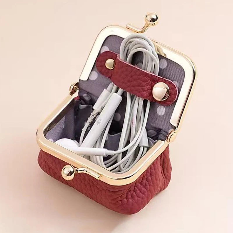 Genuine Leather Kiss Lock Coin Purse Solid Color Square Wallet Multifunctional Mini Bag For Earrings Small Item Jewelry Storage