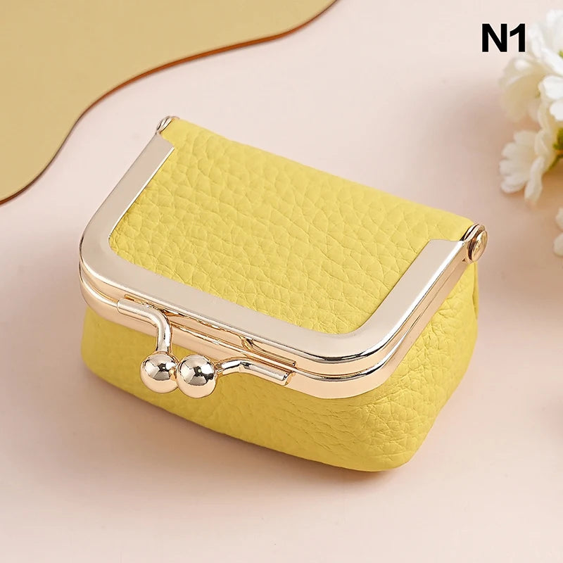 Genuine Leather Kiss Lock Coin Purse Solid Color Square Wallet Multifunctional Mini Bag For Earrings Small Item Jewelry Storage