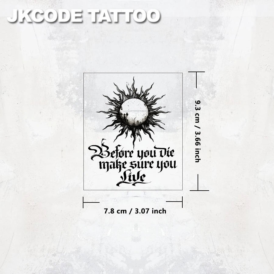 Waterproof Design Semi-permanent Tattoos, Flame Sun Pattern-Inspirational English Sentences-Dual-use Men's Temporary Tattoos for Neck, Hands, and Fingers, Lasts 15 Days