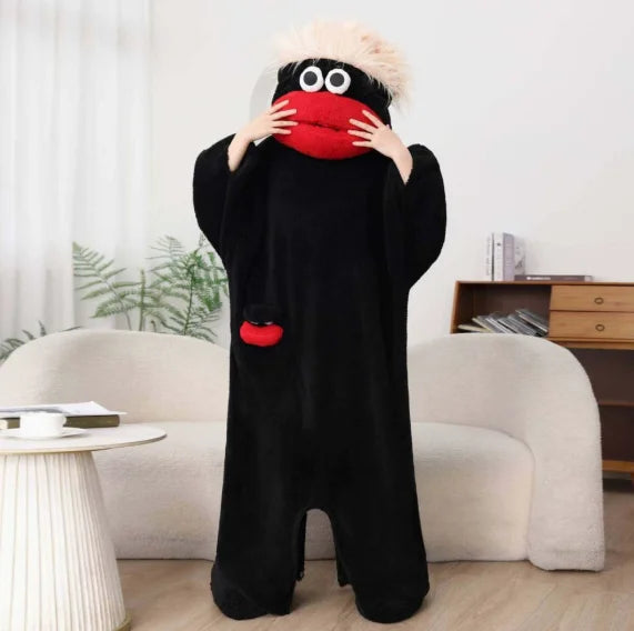 Autumn Winter Big Mouth Monster Cartoon One Piece Pajamas Thick Coral Fleece Warm Soft Casual Couple Home Loungewear In Stock