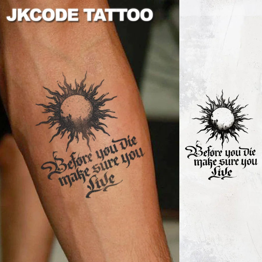 Waterproof Design Semi-permanent Tattoos, Flame Sun Pattern-Inspirational English Sentences-Dual-use Men's Temporary Tattoos for Neck, Hands, and Fingers, Lasts 15 Days