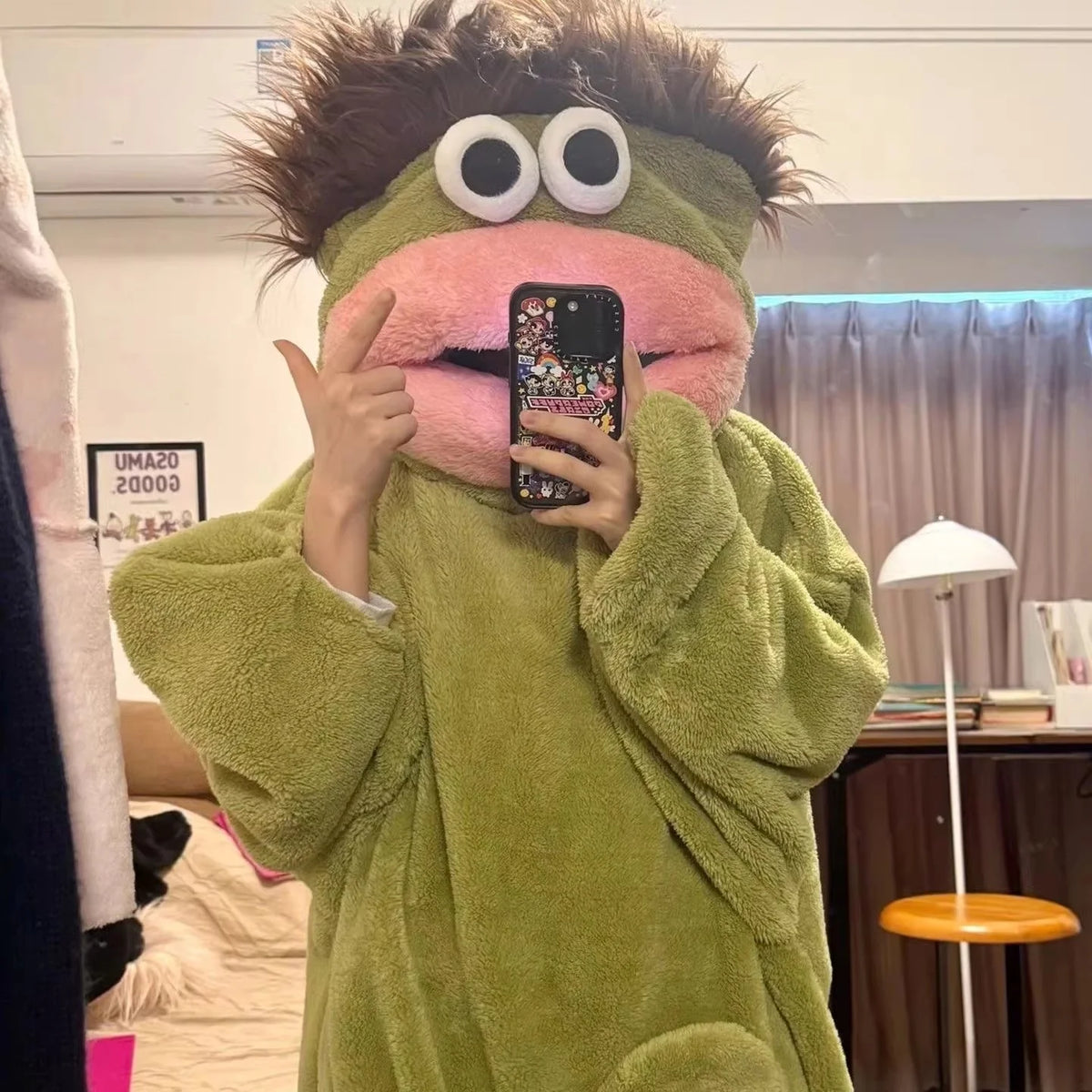 Autumn Winter Big Mouth Monster Cartoon One Piece Pajamas Thick Coral Fleece Warm Soft Casual Couple Home Loungewear In Stock Main image
