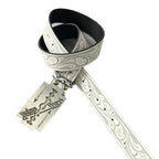 Vintage Western White Belt with Engraved Floral Pattern and Razor Blade Shaped Buckle Punk Rock Streetwear Jeans Waistband