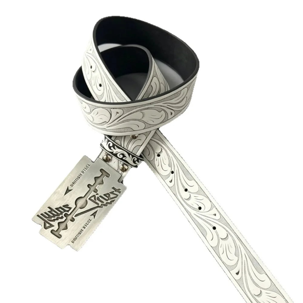 Vintage Western White Belt with Engraved Floral Pattern and Razor Blade Shaped Buckle Punk Rock Streetwear Jeans Waistband