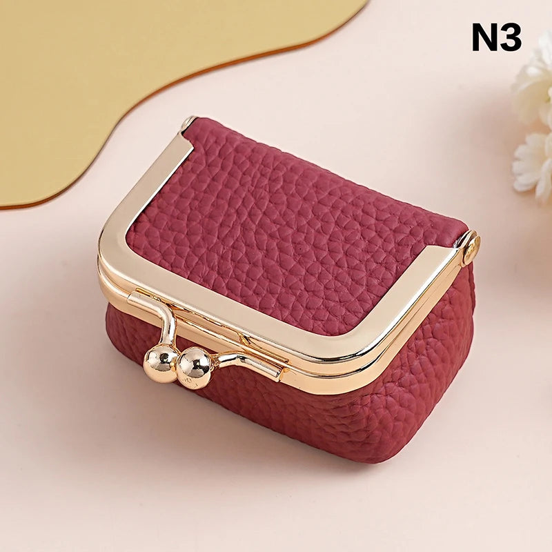 Genuine Leather Kiss Lock Coin Purse Solid Color Square Wallet Multifunctional Mini Bag For Earrings Small Item Jewelry Storage