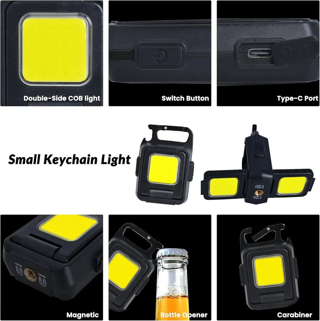 Mini Flashlight Keychain Light COB Work Light USB Rechargeable Lamp with 90° Foldable Side Lights Super Bright Portable Lanterns