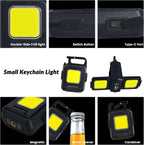 Mini Flashlight Keychain Light COB Work Light USB Rechargeable Lamp with 90° Foldable Side Lights Super Bright Portable Lanterns