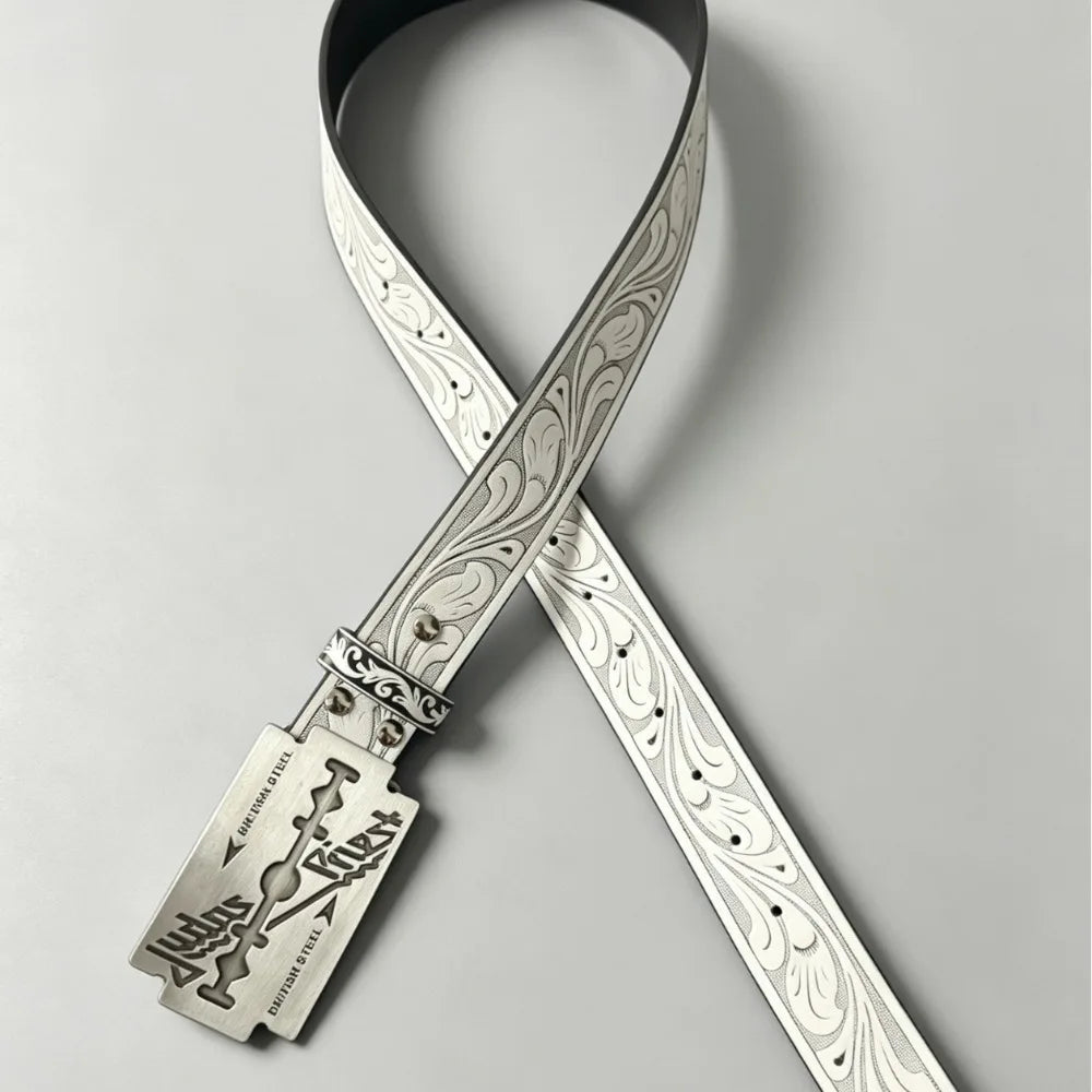 Vintage Western White Belt with Engraved Floral Pattern and Razor Blade Shaped Buckle Punk Rock Streetwear Jeans Waistband