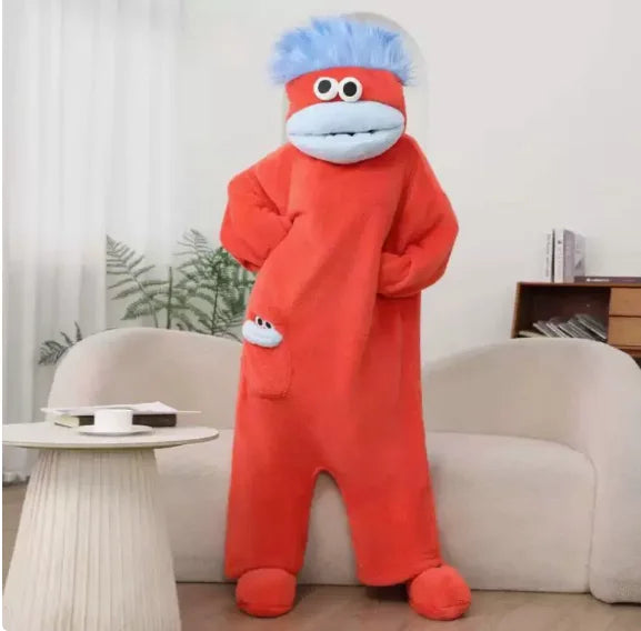 Autumn Winter Big Mouth Monster Cartoon One Piece Pajamas Thick Coral Fleece Warm Soft Casual Couple Home Loungewear In Stock