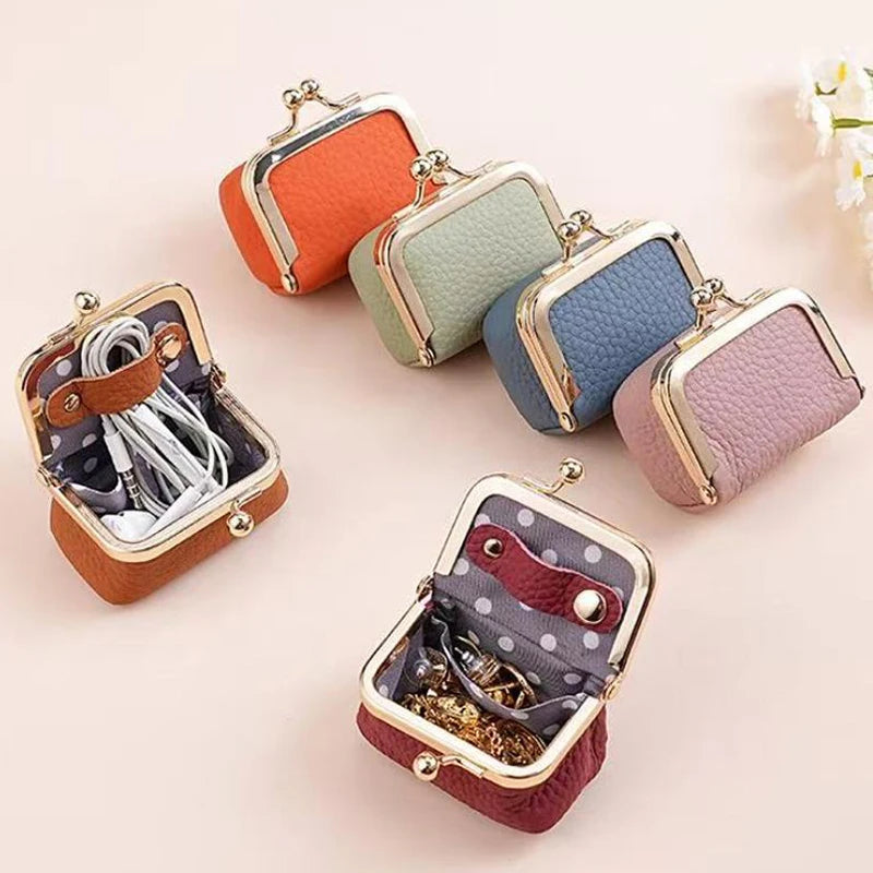 Genuine Leather Kiss Lock Coin Purse Solid Color Square Wallet Multifunctional Mini Bag For Earrings Small Item Jewelry Storage Secondary image