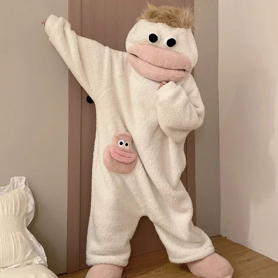 Autumn Winter Big Mouth Monster Cartoon One Piece Pajamas Thick Coral Fleece Warm Soft Casual Couple Home Loungewear In Stock