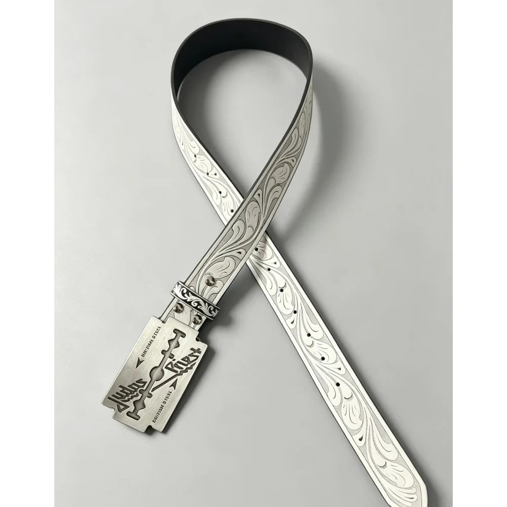 Vintage Western White Belt with Engraved Floral Pattern and Razor Blade Shaped Buckle Punk Rock Streetwear Jeans Waistband