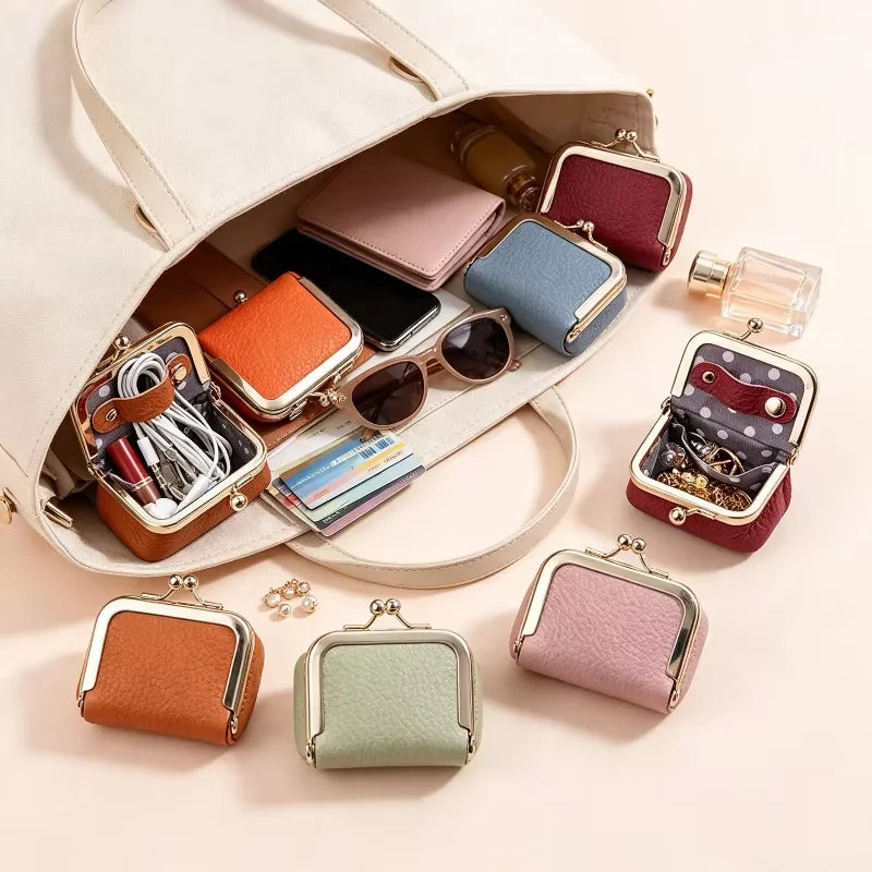 Genuine Leather Kiss Lock Coin Purse Solid Color Square Wallet Multifunctional Mini Bag For Earrings Small Item Jewelry Storage Main image
