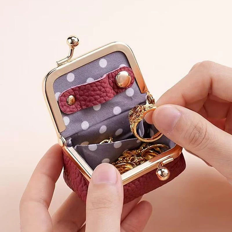 Genuine Leather Kiss Lock Coin Purse Solid Color Square Wallet Multifunctional Mini Bag For Earrings Small Item Jewelry Storage