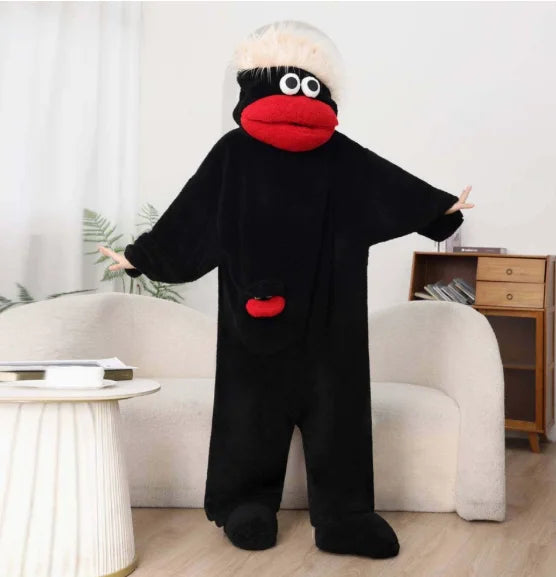 Autumn Winter Big Mouth Monster Cartoon One Piece Pajamas Thick Coral Fleece Warm Soft Casual Couple Home Loungewear In Stock