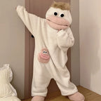 Autumn Winter Big Mouth Monster Cartoon One Piece Pajamas Thick Coral Fleece Warm Soft Casual Couple Home Loungewear In Stock
