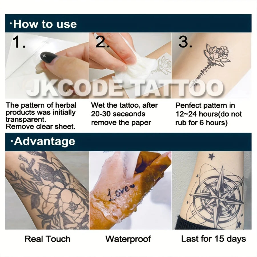 Waterproof Design Semi-permanent Tattoos, Flame Sun Pattern-Inspirational English Sentences-Dual-use Men's Temporary Tattoos for Neck, Hands, and Fingers, Lasts 15 Days