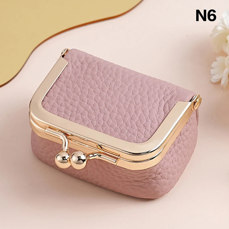 Genuine Leather Kiss Lock Coin Purse Solid Color Square Wallet Multifunctional Mini Bag For Earrings Small Item Jewelry Storage