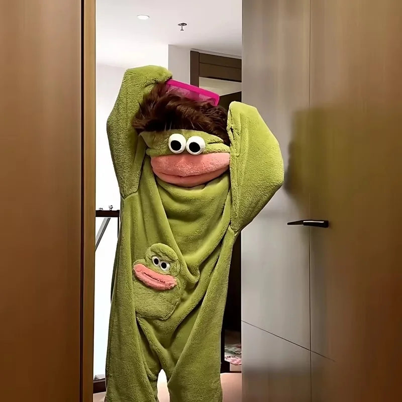 Autumn Winter Big Mouth Monster Cartoon One Piece Pajamas Thick Coral Fleece Warm Soft Casual Couple Home Loungewear In Stock