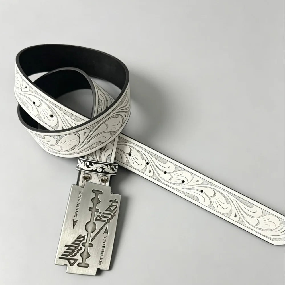 Vintage Western White Belt with Engraved Floral Pattern and Razor Blade Shaped Buckle Punk Rock Streetwear Jeans Waistband