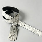 Vintage Western White Belt with Engraved Floral Pattern and Razor Blade Shaped Buckle Punk Rock Streetwear Jeans Waistband