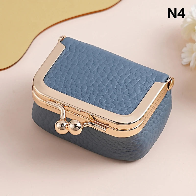 Genuine Leather Kiss Lock Coin Purse Solid Color Square Wallet Multifunctional Mini Bag For Earrings Small Item Jewelry Storage