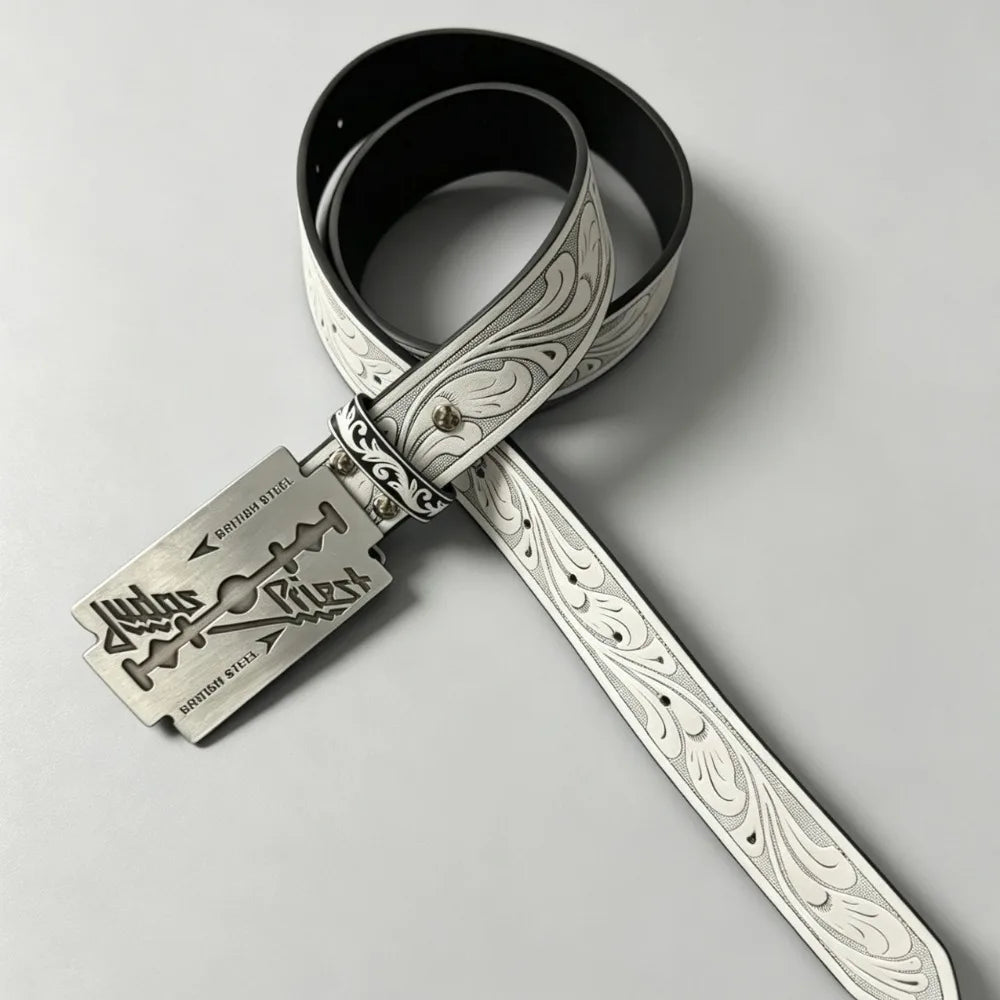 Vintage Western White Belt with Engraved Floral Pattern and Razor Blade Shaped Buckle Punk Rock Streetwear Jeans Waistband