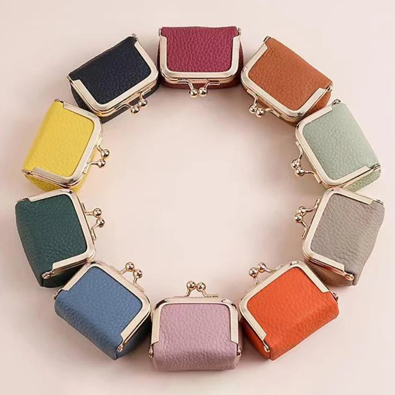 Genuine Leather Kiss Lock Coin Purse Solid Color Square Wallet Multifunctional Mini Bag For Earrings Small Item Jewelry Storage